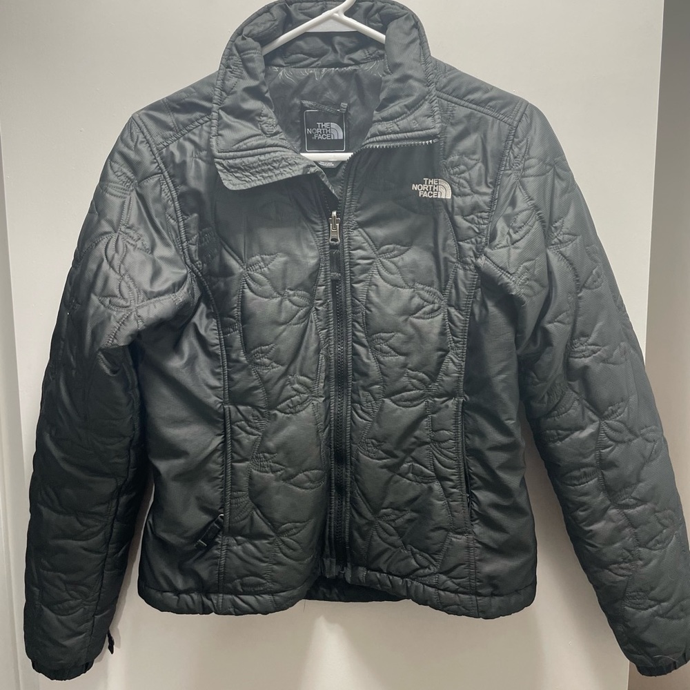 Women's The North Face Full Zip Jacket Black Top-Stitch Leaves SMALL